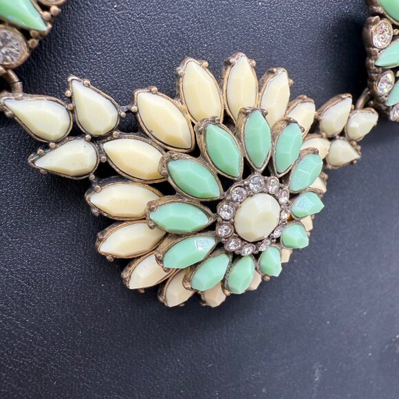 J.Crew Floral Statement Necklace Green & Yellow Embellished Stones Rhinestones - Picture 2 of 5